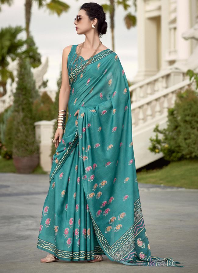 Pure Mal Mal Silk Firozi Casual Wear Printed Saree